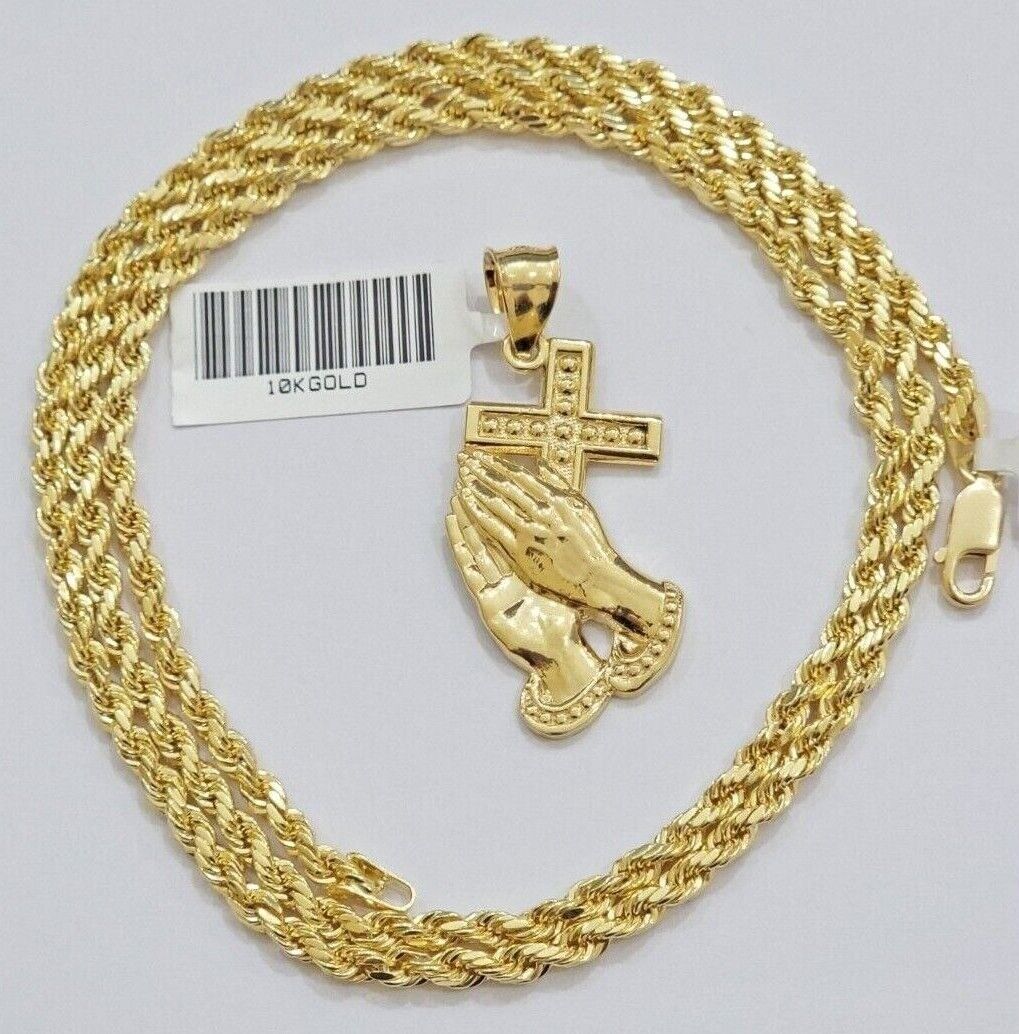 10k Gold Rope Chain Praying Hand Charm Pendant Set 18 - 28''Inch 3mm Necklace REAL - GoldenlinQ